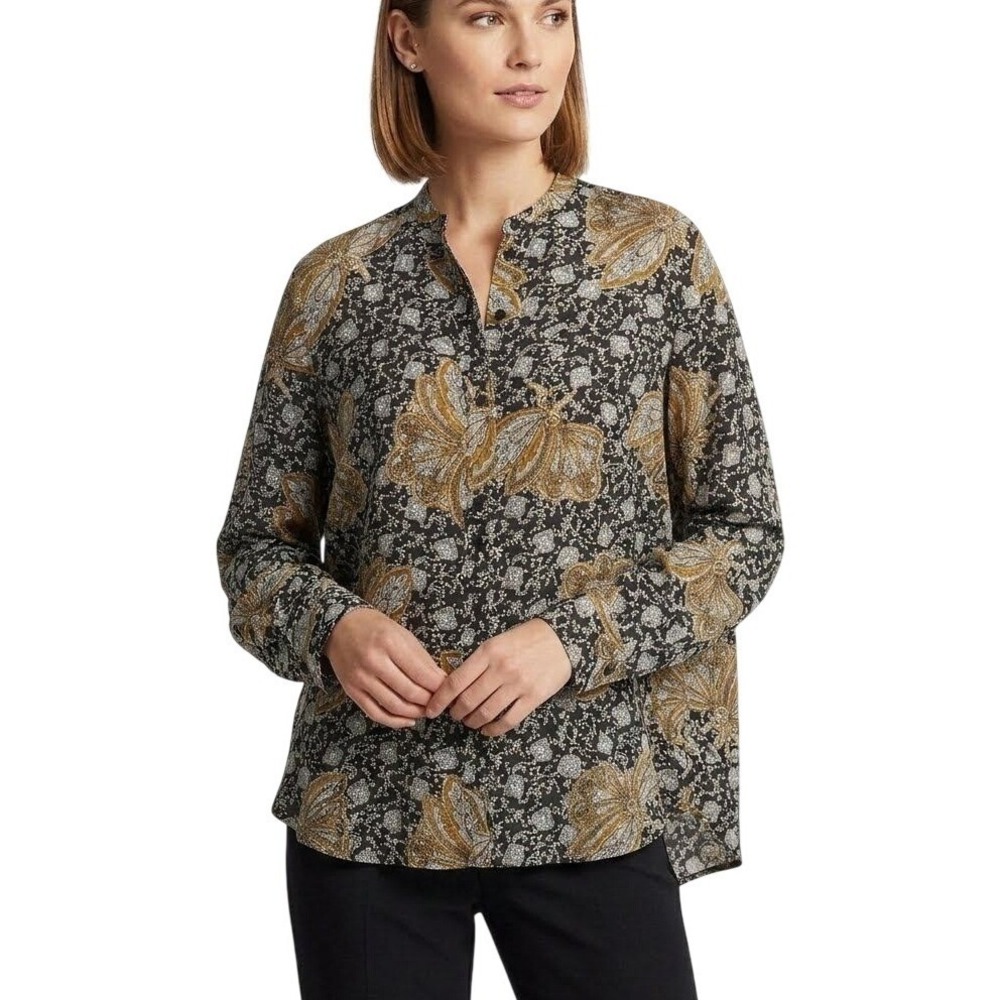 ALC Black Gold Paisley Floral Silk Feel Blouse Long Sleeve Band Collar | Medium